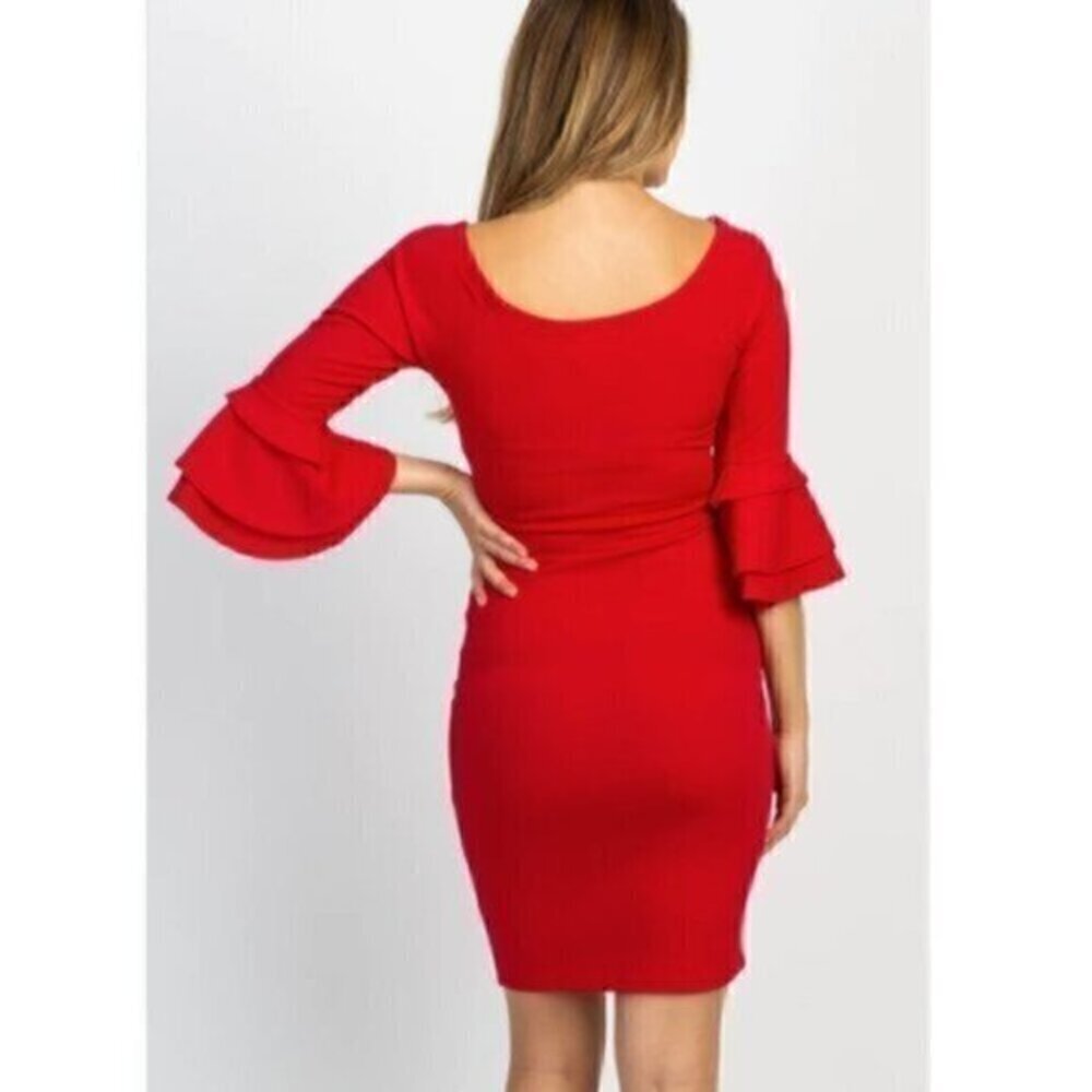 PinkBlush Red Layered Ruffle Sleeve Maternity Fitted Dress​​​ - Picture 5 of 13